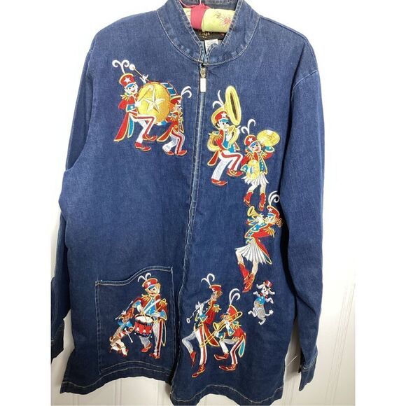 Vintage Bob Mackie Wearable Art Embroidered Jean Jacket Sz 1X Marching Band - Picture 1 of 10